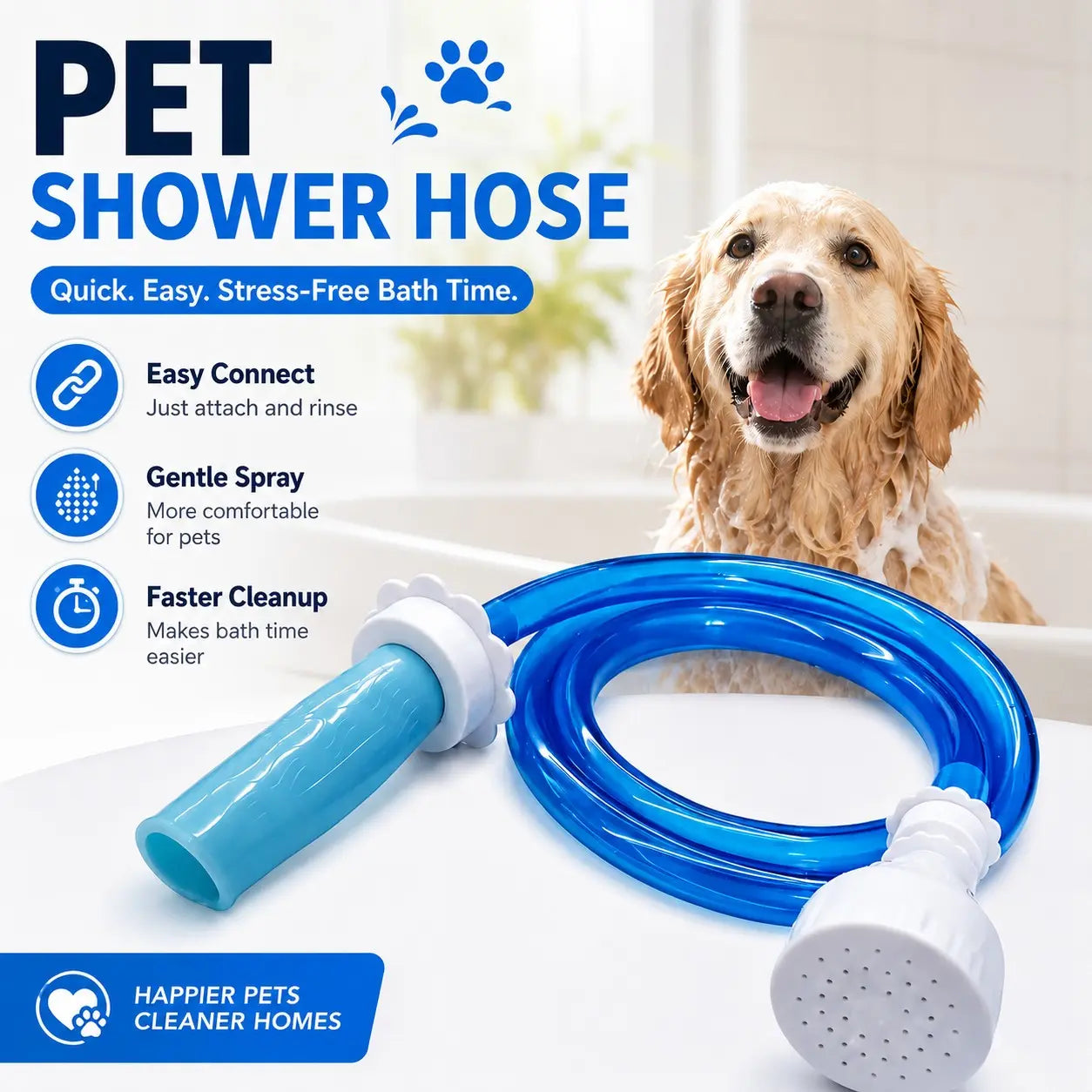 Pet Bath Tub Faucet Sprayer, 5 Ft Ultra-Flex Dog Shower Hose Adapter, Slip-On Pet Showerhead, No Install, Universal Size